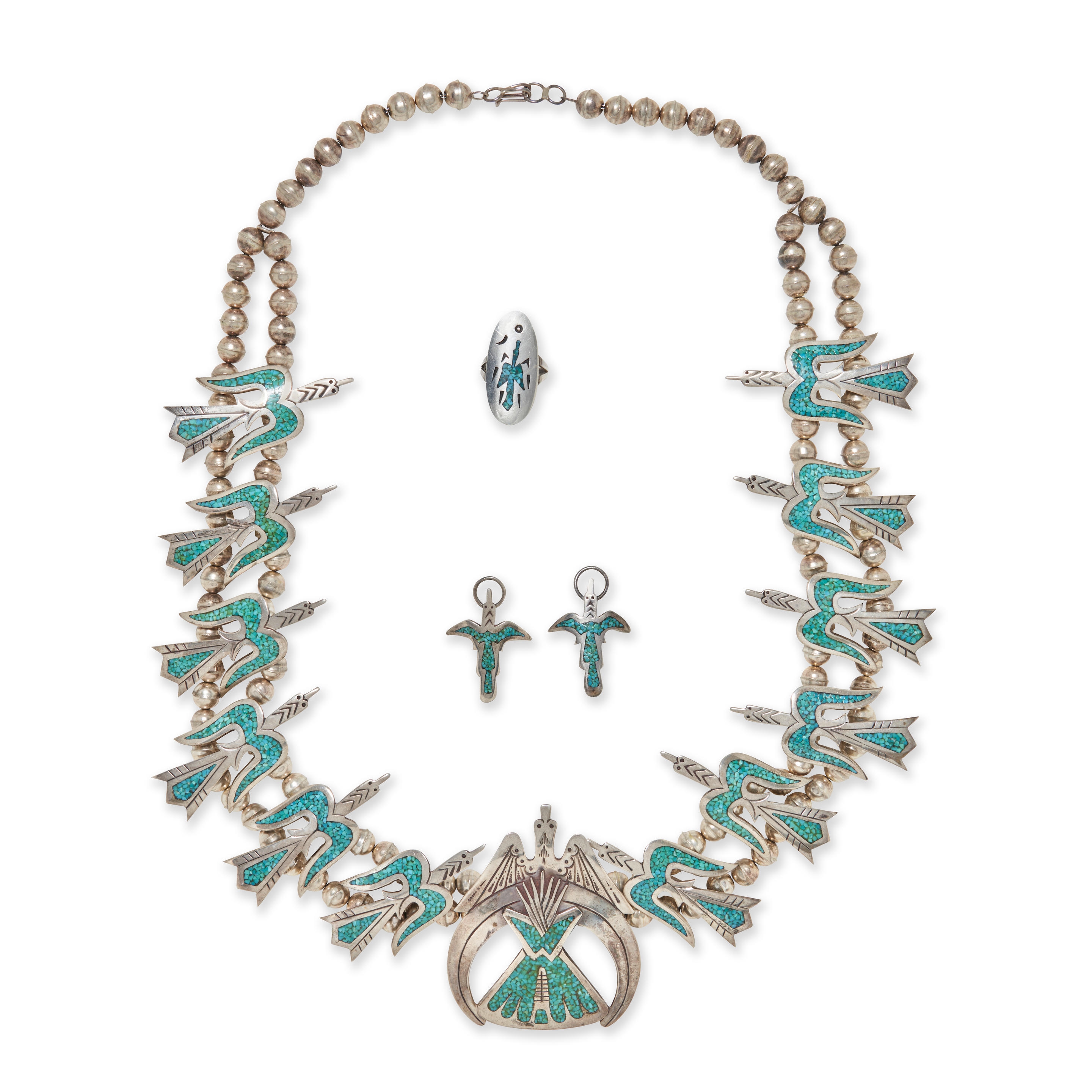 Artwork by Tommy Singer, A suite of Tommy Singer jewelry, Made of silver and turquoise