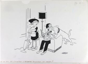 Don't exaggerate, he only looks at pictures! Indian ink drawing on paper signed lower right and captioned at bottom. Mention on back - Christian Cruveiller