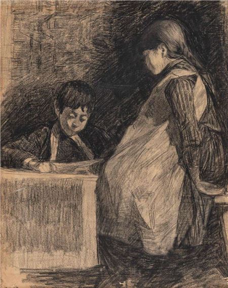 Jongen en meisje met witte schort by Wilhelmus Hendrikus Petrus Johannes de Zwart