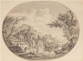 Figuren bij een ruïne met waterval - Johann Daniel de Gyselaar