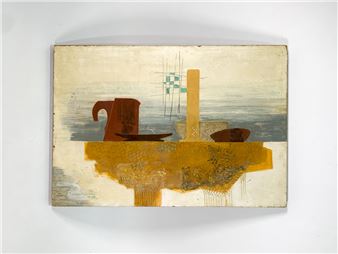 Un cuadro oleo sobre fibra técnica mixta, motivo: Constructivo, figuras diferentes sobre fondo gris y blanco - O. Capozzoli Emanueli