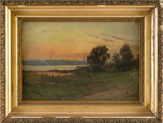Sunset on the harbor by Lemuel D. Eldred, 1886