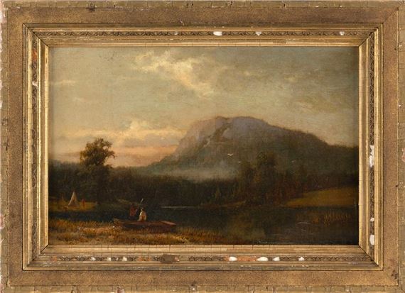 Mountain lake landscape with figures, a boat and a tepee