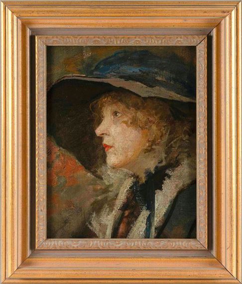 Profile portrait of a lady wearing a large hat by Joseph W. Gies