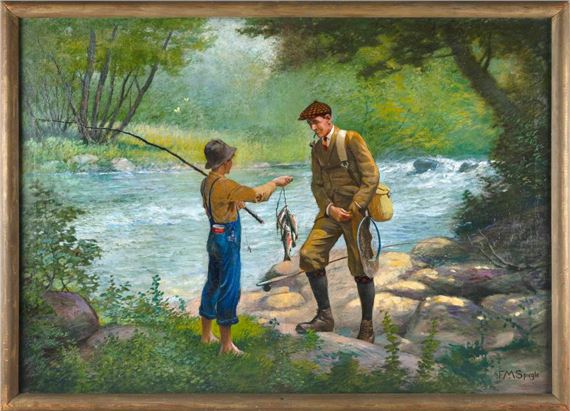 A young boy showing off his catch to a gentleman fisherman, possibly Daniel Carter "Uncle Dan" , an illustrator, author and founding pioneer of the Boy Scouts of America - Frederick Moladore Spiegle