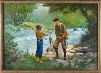 A young boy showing off his catch to a gentleman fisherman, possibly Daniel Carter &quot;Uncle Dan&quot; , an illustrator, author and founding pioneer of the Boy Scouts of America - Frederick Moladore Spiegle