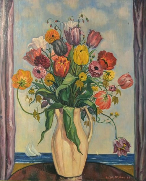 Artwork by André Maire, Vase of flowers at the window, Made of Oil on panel