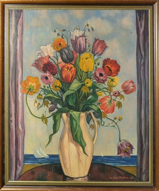 Artwork by André Maire, Vase of flowers at the window, Made of Oil on panel