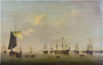 Attributed to Richard Paton (1717-1791) - Oil painting - &quot;The Fleet at Anchor - Richard Paton
