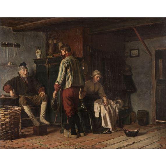 Young couple and old gentleman in Dutch kitchen by Ferdinand Fagerlin, 1881