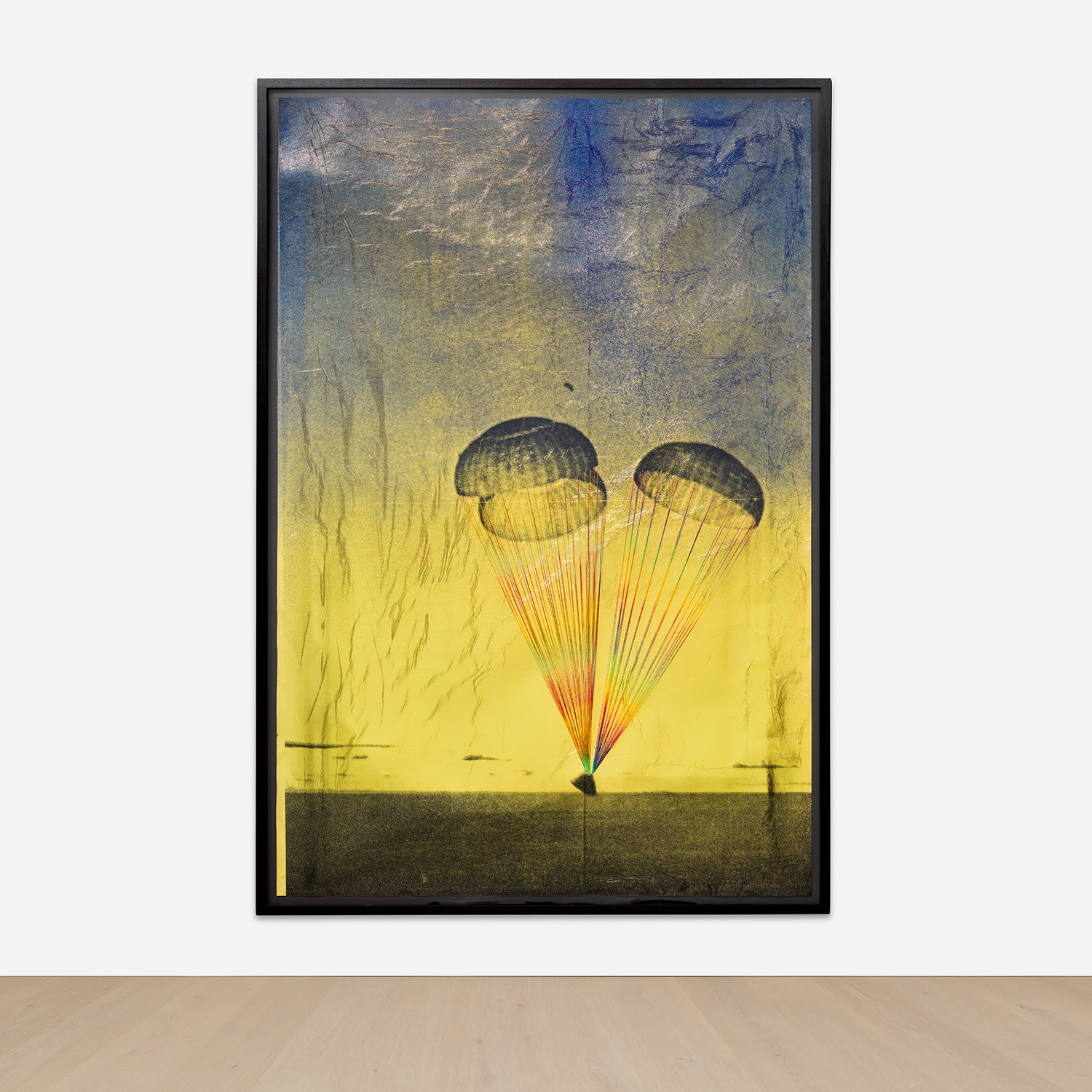 Artwork by Matthew Day Jackson, Apollo 11 Splashdown. July 24th 1969, Made of screenprint on NASA emergency blanket with coloured thread