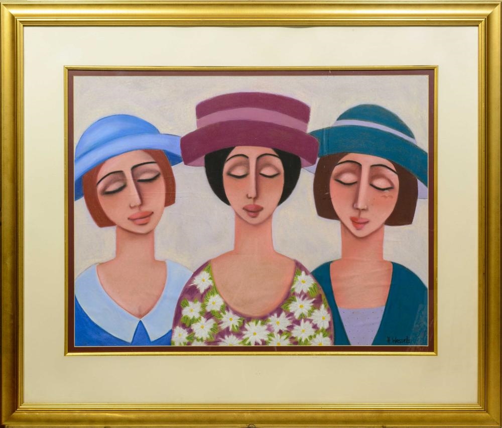 Artwork by H. Wessels, Three Ladies in Hats, Made of Pastel
