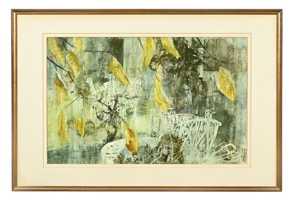 An abstracted garden scene featuring a white bench, yellow leaves, and textured foliage.