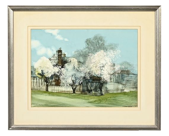 A framed watercolor landscape of a blossoming garden with a brick building in the background.