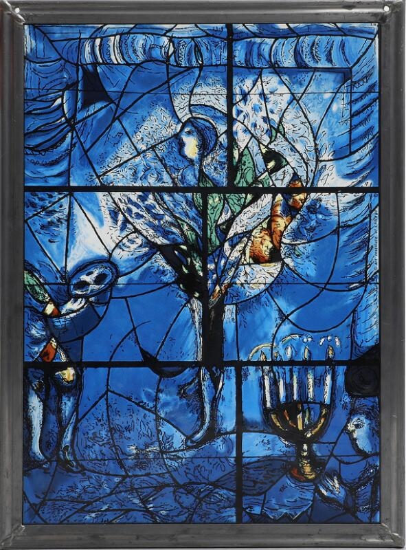 A pair of stained glass panels depicting a surreal, blue-toned scene with abstract figures and symbolic objects.