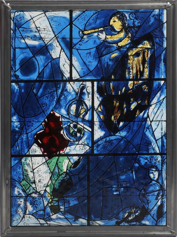 A pair of stained glass panels depicting a surreal, blue-toned scene with abstract figures and symbolic objects.
