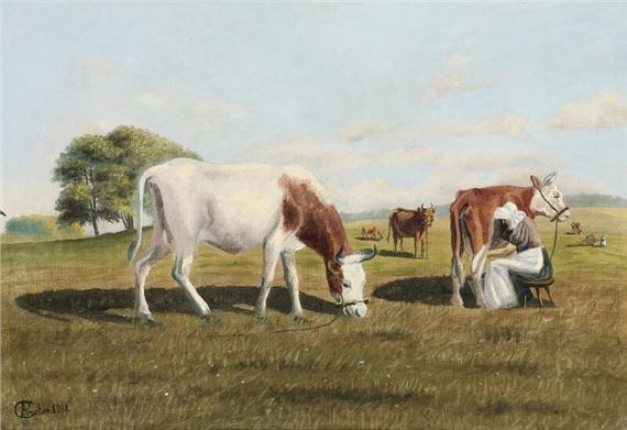 Cows being milked by Carl Fischer, 1908