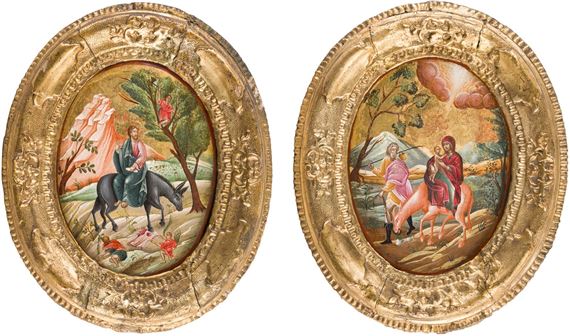 SELTENES IKONEN-PAAR MIT DER FLUCHT NACH ÄGYPTEN UND DEM EINZUG CHRISTI NACH JERUSALEM - Cretan School, 17th Century