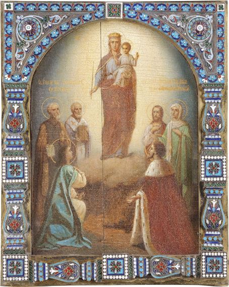 FEINE IKONE MIT DER GOTTESMUTTER 'FREUDE ALLER LEIDENDEN' MIT CLOISONNÉ-EMAIL-BASMA - Emelian Kusnetsov