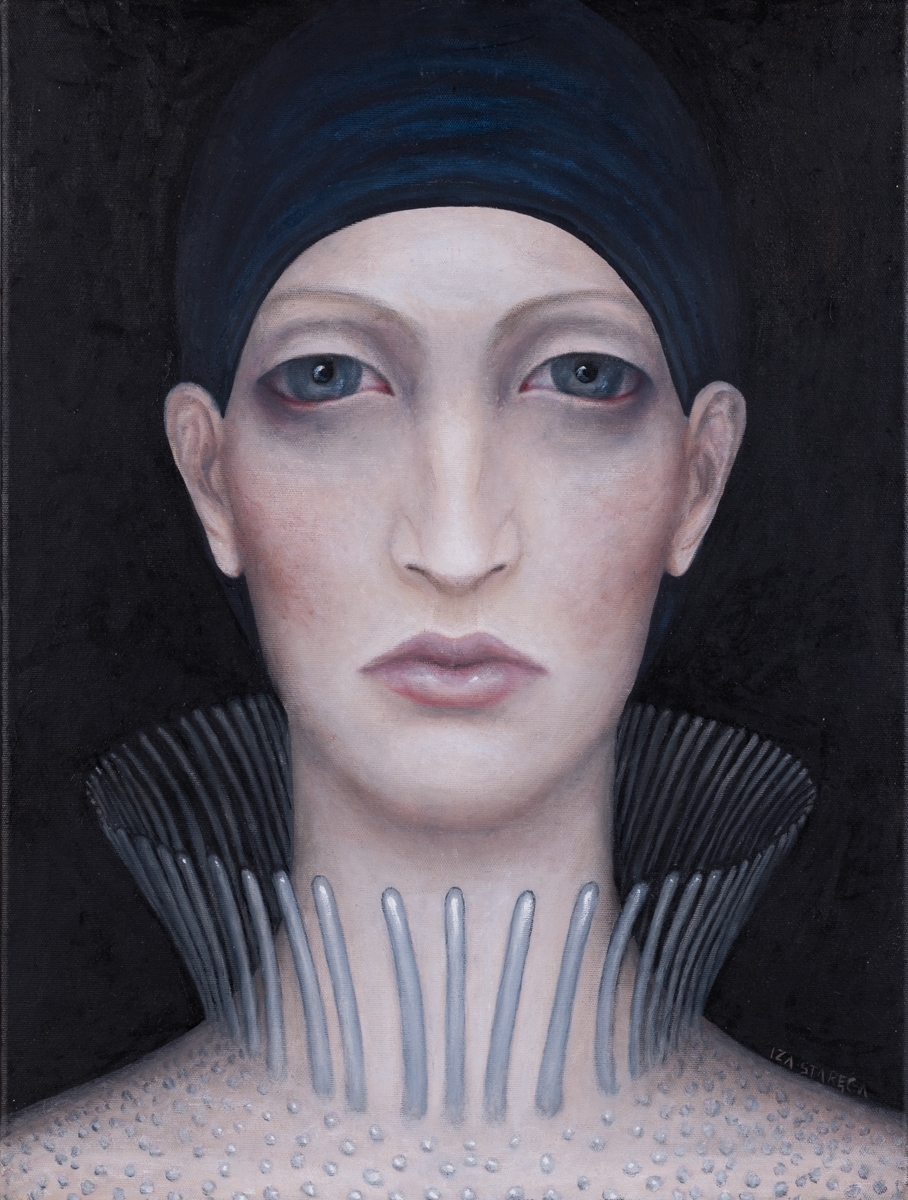 Artwork by Iza Starega, Untitled from the Women in Headscarf series, men in helmets , 2024, Made of own technique, canvas