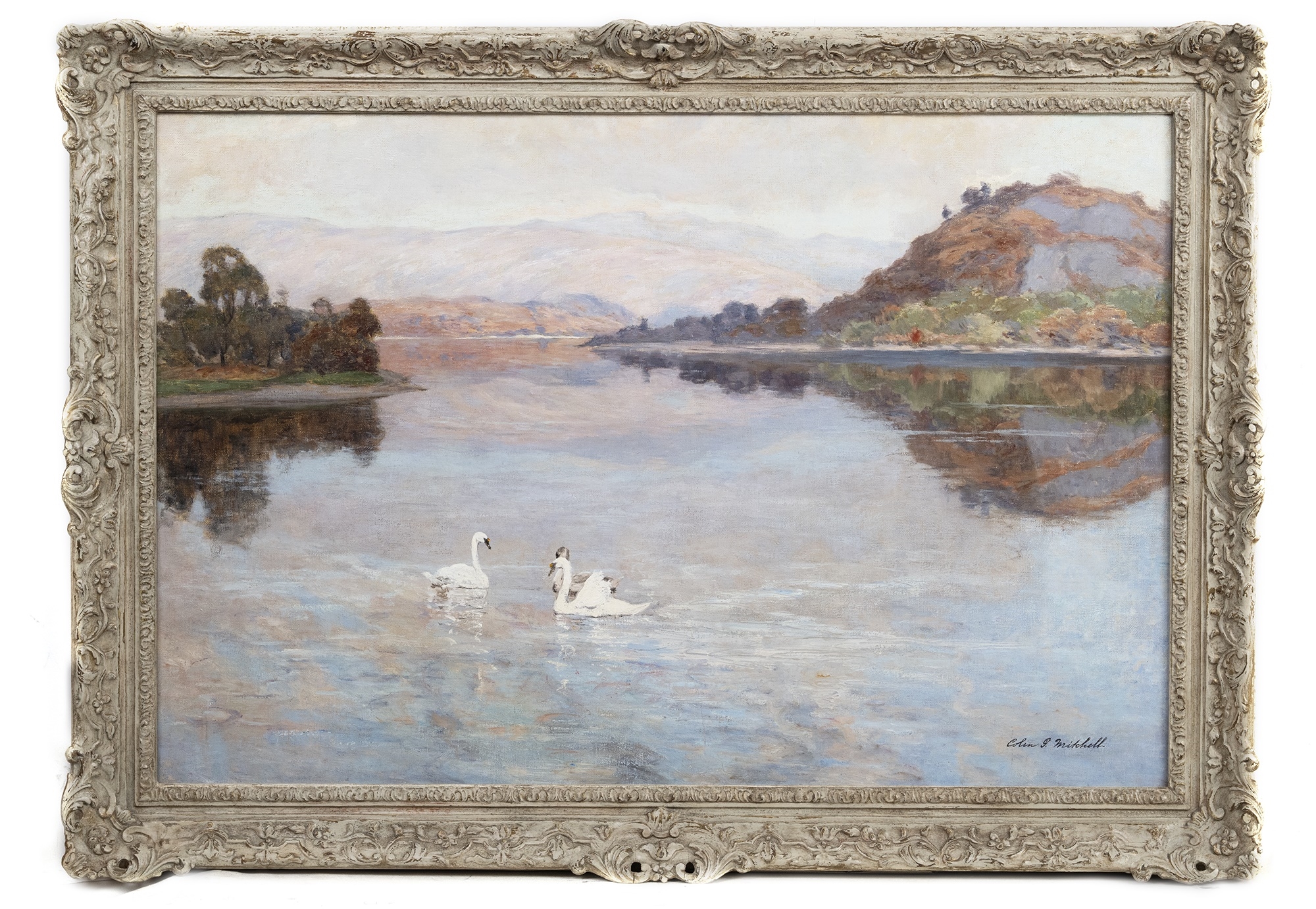 Artwork by Colin Gillespie Mitchell, COLIN GILLESPIE MITCHELL RSA (SCOTTISH 1870 - 1938), LANDSCAPE WITH SWANS, Made of oil on canvas
