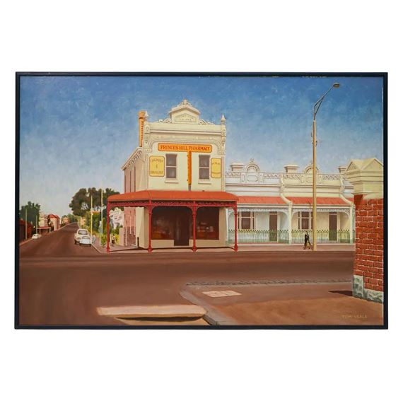 A rural city scene, with a central 'Princess Hill Pharmacy" building - Tom Veale