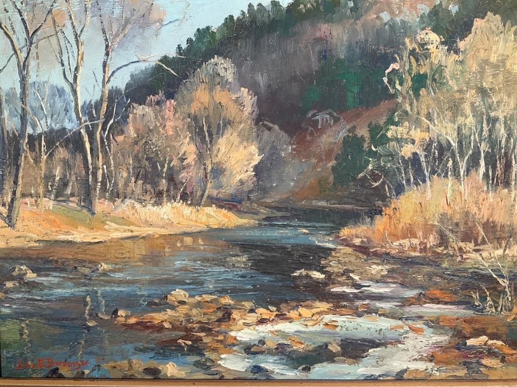 Artwork by John Emil Berninger, Original John Berninger impressionist painting on board depicting a serene natural landscape with creek, Made of PAINTING ON BOARD