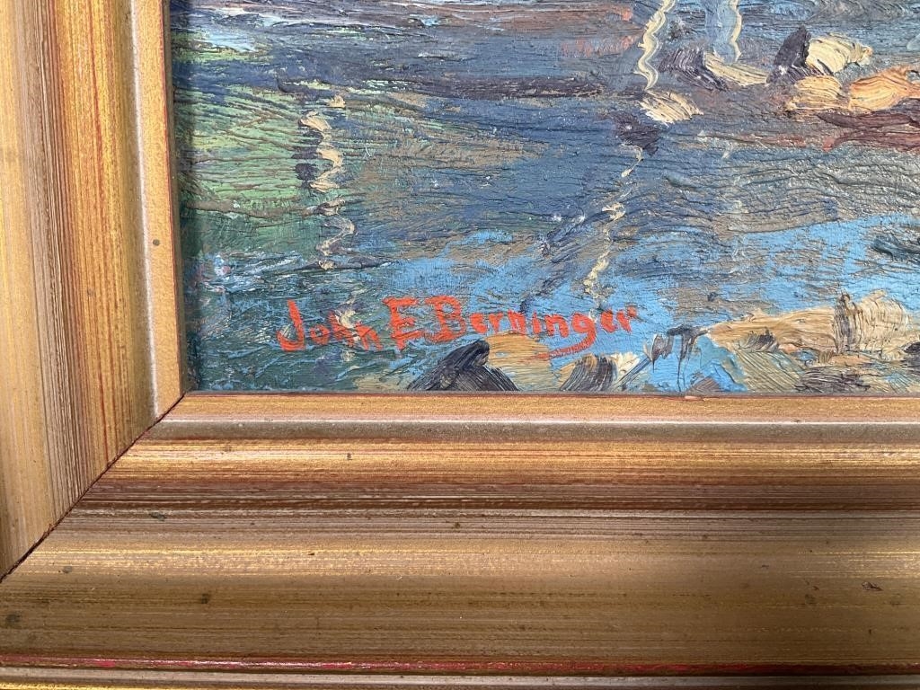 Artwork by John Emil Berninger, Original John Berninger impressionist painting on board depicting a serene natural landscape with creek, Made of PAINTING ON BOARD