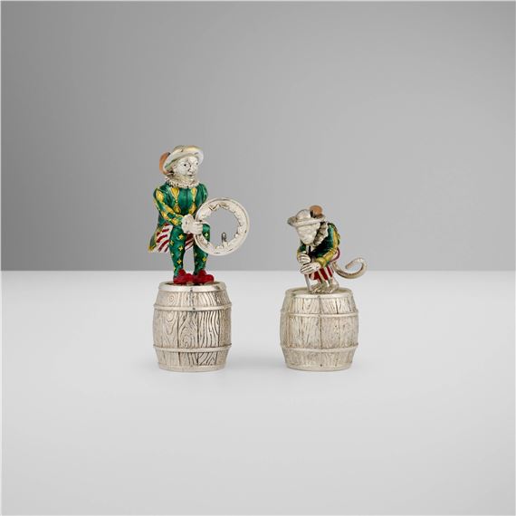 Trainer and monkey on barrels by Gene Moore, 1988-1990