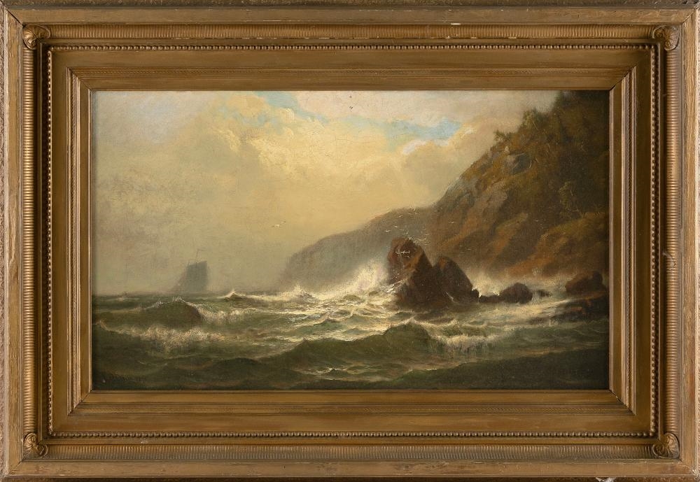 Artwork by Lemuel D. Eldred, Ship off a rocky coast, possibly Grand Manan, Made of Oil on canvas