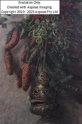 Artwork by Lina Bischoff-pietschmann, Weihrauchampel, Tannenzapfen, Ilex, Mistelzweige und Schneerosen, Made of oil on canvas