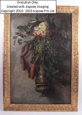 Artwork by Lina Bischoff-pietschmann, Weihrauchampel, Tannenzapfen, Ilex, Mistelzweige und Schneerosen, Made of oil on canvas