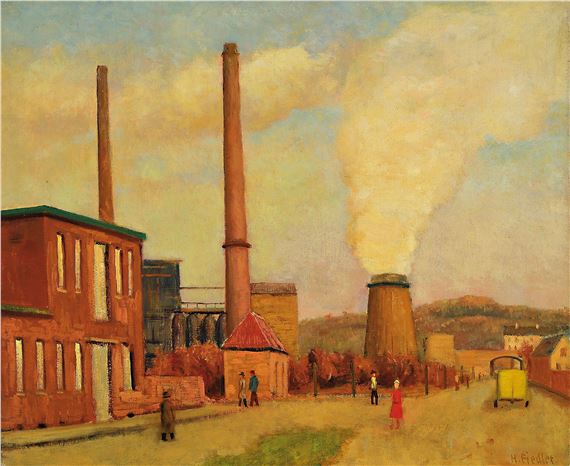 Hans Fiedler, -?, Industrial landscape with figure staff, signed, / by Hans Fiedler, 1903