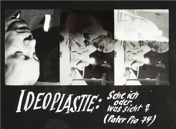 Anna and Bernhard Blume, ideoplasty: see Cih or what sees? Father Pio 74, three b/w photographs mounted, approx. 42x30cm, PP, framed under , approx. 55x43cm - Anna & Bernhard Blume