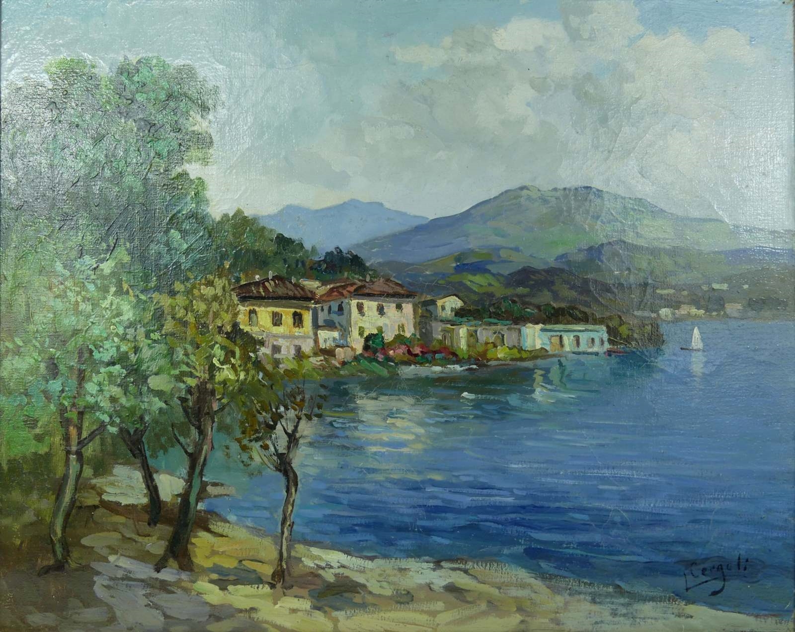 Artwork by Luigi Cergoli, LAKESIDE VILLAGE, Made of Oil painting on canvas