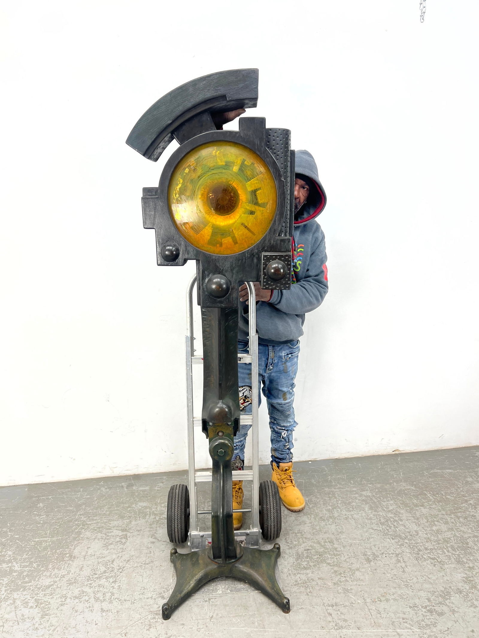 Artwork by Fred Powell, Fred Powell Eye Abstract Sculpture. Glass Eye in Metal and Wood Stand. Steampunk Industrial Vibe, Made of Metal and Wood Stand