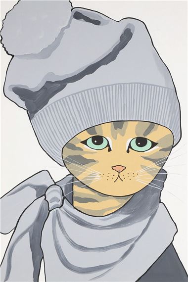 “Portrait of a Cat Wearing a Grey Winter Hat” by Maggie Meredith