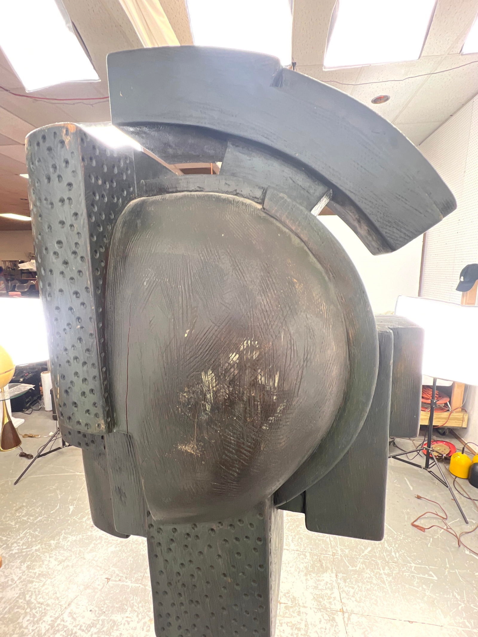 Artwork by Fred Powell, Fred Powell Eye Abstract Sculpture. Glass Eye in Metal and Wood Stand. Steampunk Industrial Vibe, Made of Metal and Wood Stand