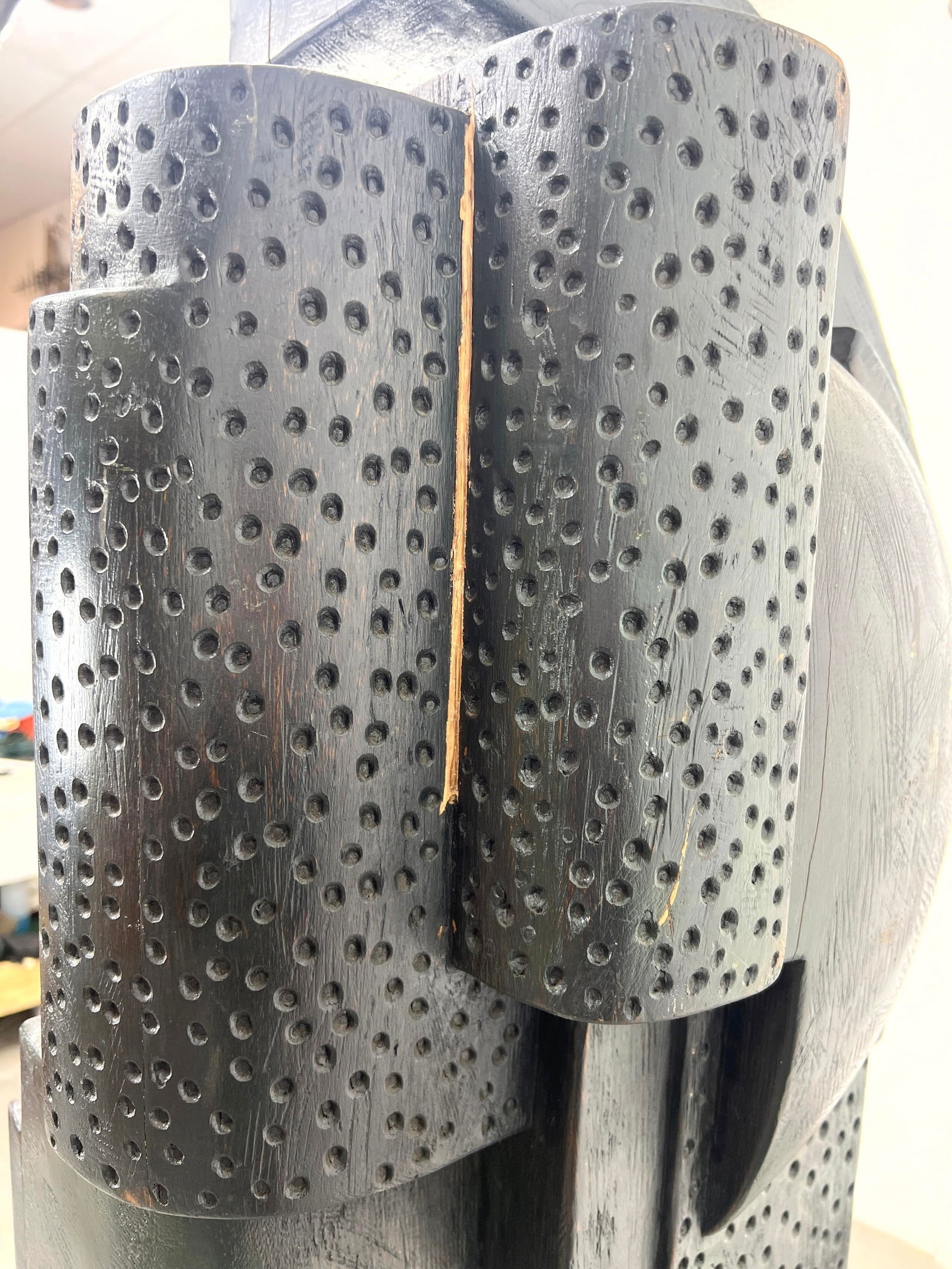 Artwork by Fred Powell, Fred Powell Eye Abstract Sculpture. Glass Eye in Metal and Wood Stand. Steampunk Industrial Vibe, Made of Metal and Wood Stand