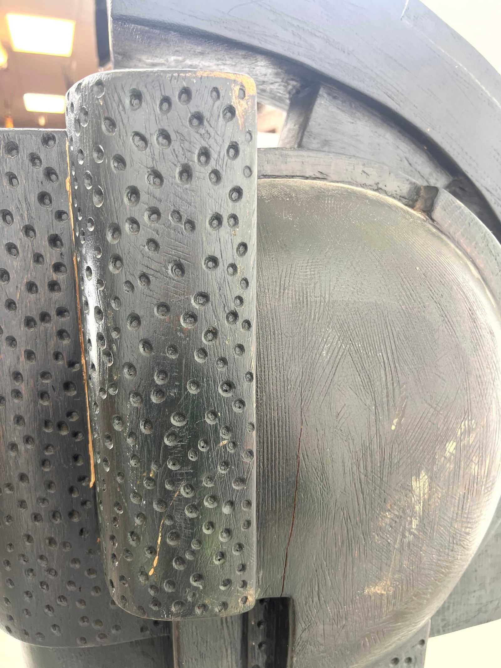 Artwork by Fred Powell, Fred Powell Eye Abstract Sculpture. Glass Eye in Metal and Wood Stand. Steampunk Industrial Vibe, Made of Metal and Wood Stand