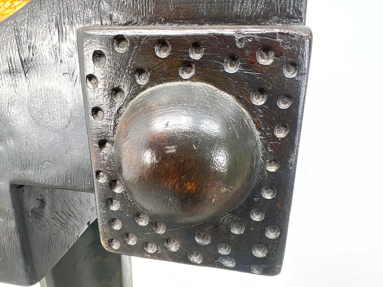 Artwork by Fred Powell, Fred Powell Eye Abstract Sculpture. Glass Eye in Metal and Wood Stand. Steampunk Industrial Vibe, Made of Metal and Wood Stand