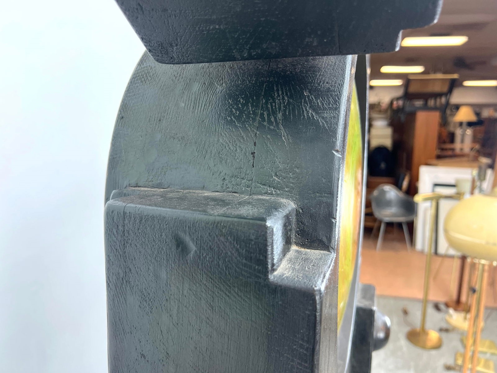 Artwork by Fred Powell, Fred Powell Eye Abstract Sculpture. Glass Eye in Metal and Wood Stand. Steampunk Industrial Vibe, Made of Metal and Wood Stand