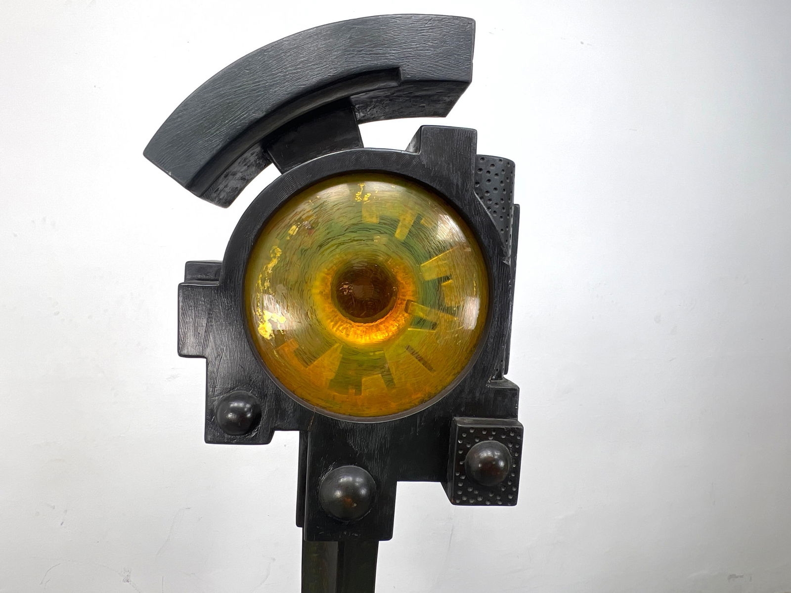 Artwork by Fred Powell, Fred Powell Eye Abstract Sculpture. Glass Eye in Metal and Wood Stand. Steampunk Industrial Vibe, Made of Metal and Wood Stand