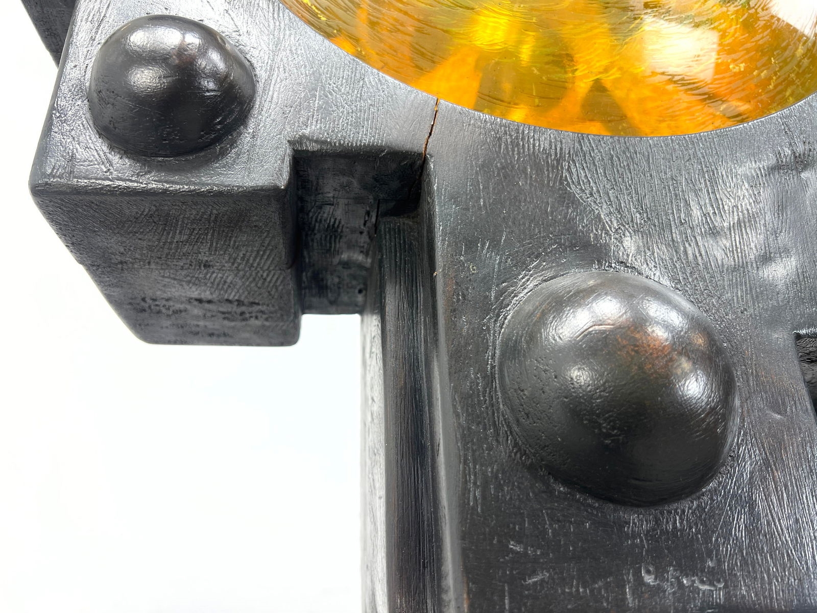 Artwork by Fred Powell, Fred Powell Eye Abstract Sculpture. Glass Eye in Metal and Wood Stand. Steampunk Industrial Vibe, Made of Metal and Wood Stand