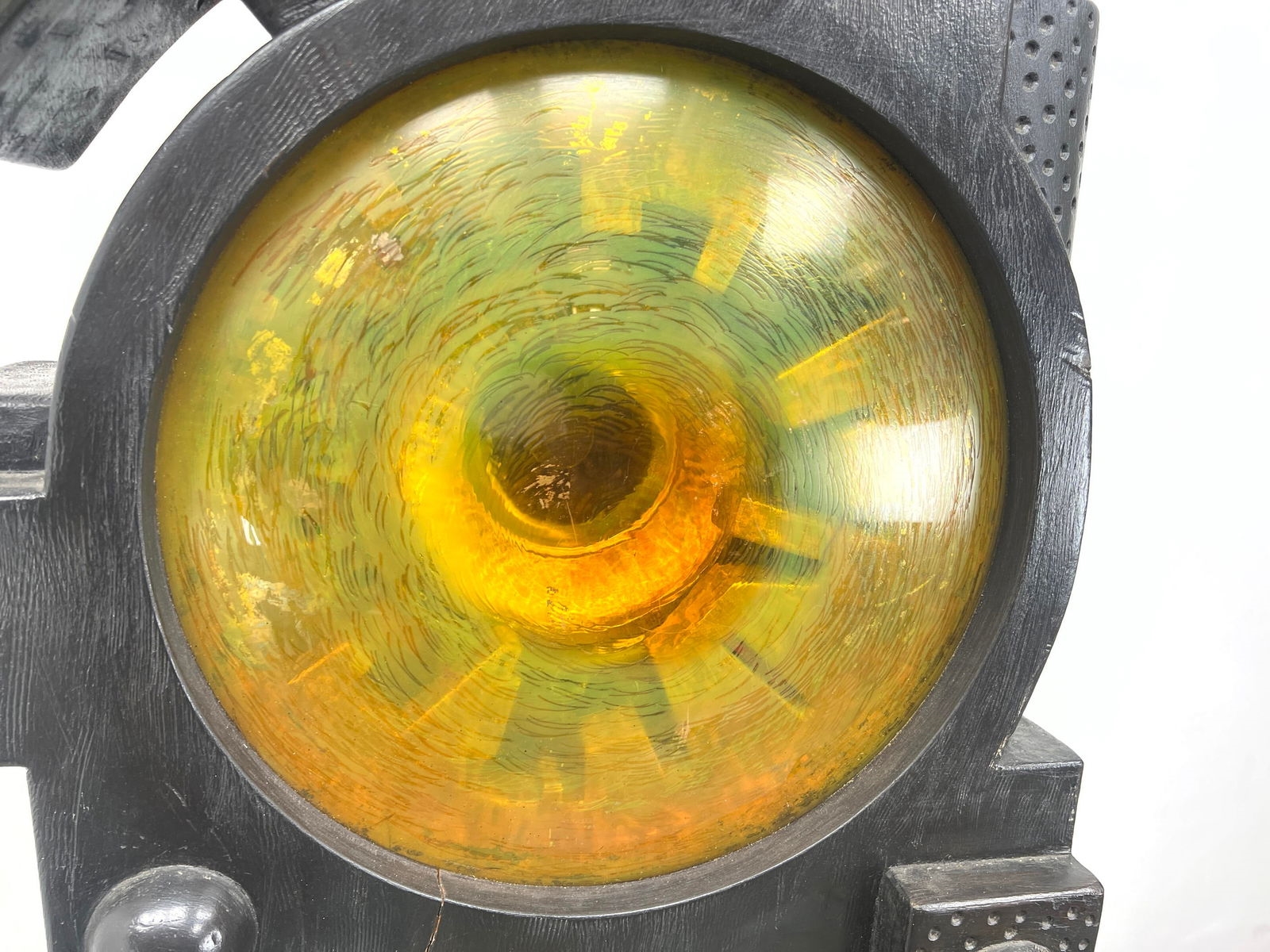 Artwork by Fred Powell, Fred Powell Eye Abstract Sculpture. Glass Eye in Metal and Wood Stand. Steampunk Industrial Vibe, Made of Metal and Wood Stand