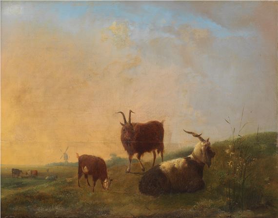 Goats and cattle before a hilly landscape - Jan Kobell I