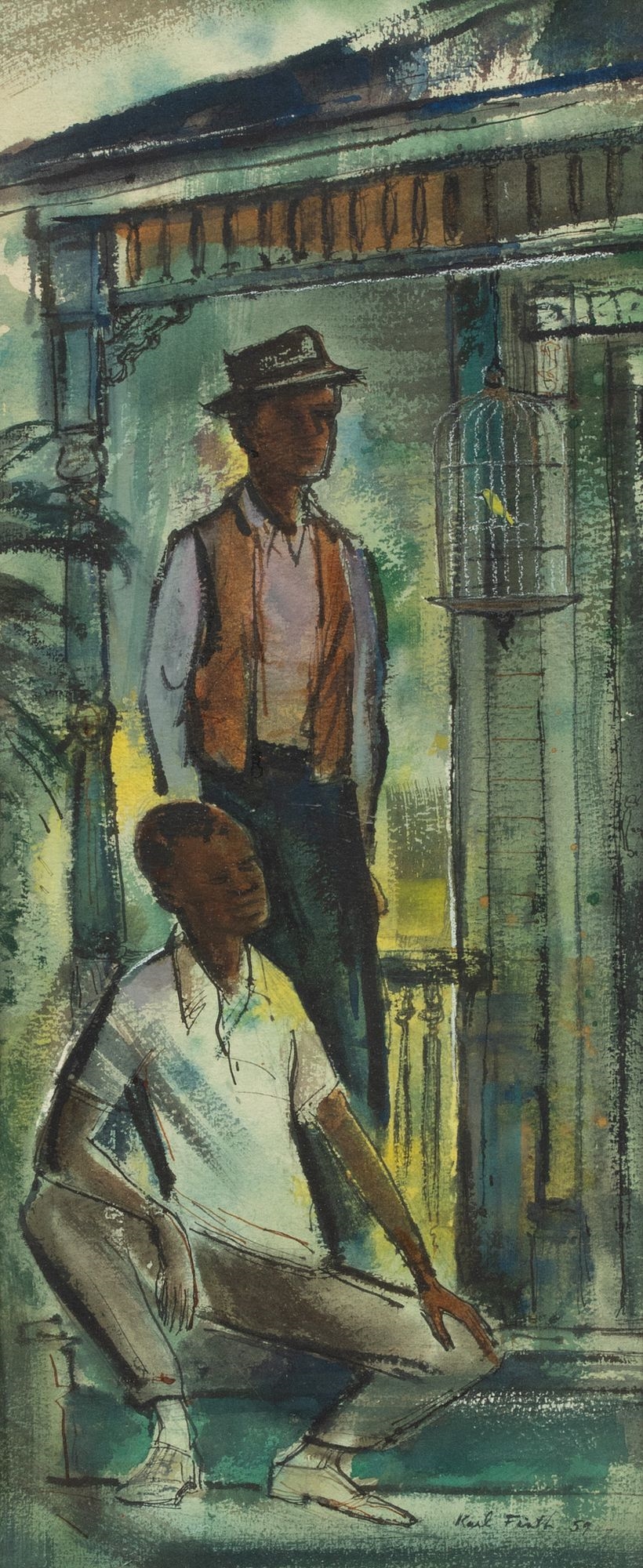 Karl Firth | Depicting two men on a porch with a bird in a cage | MutualArt