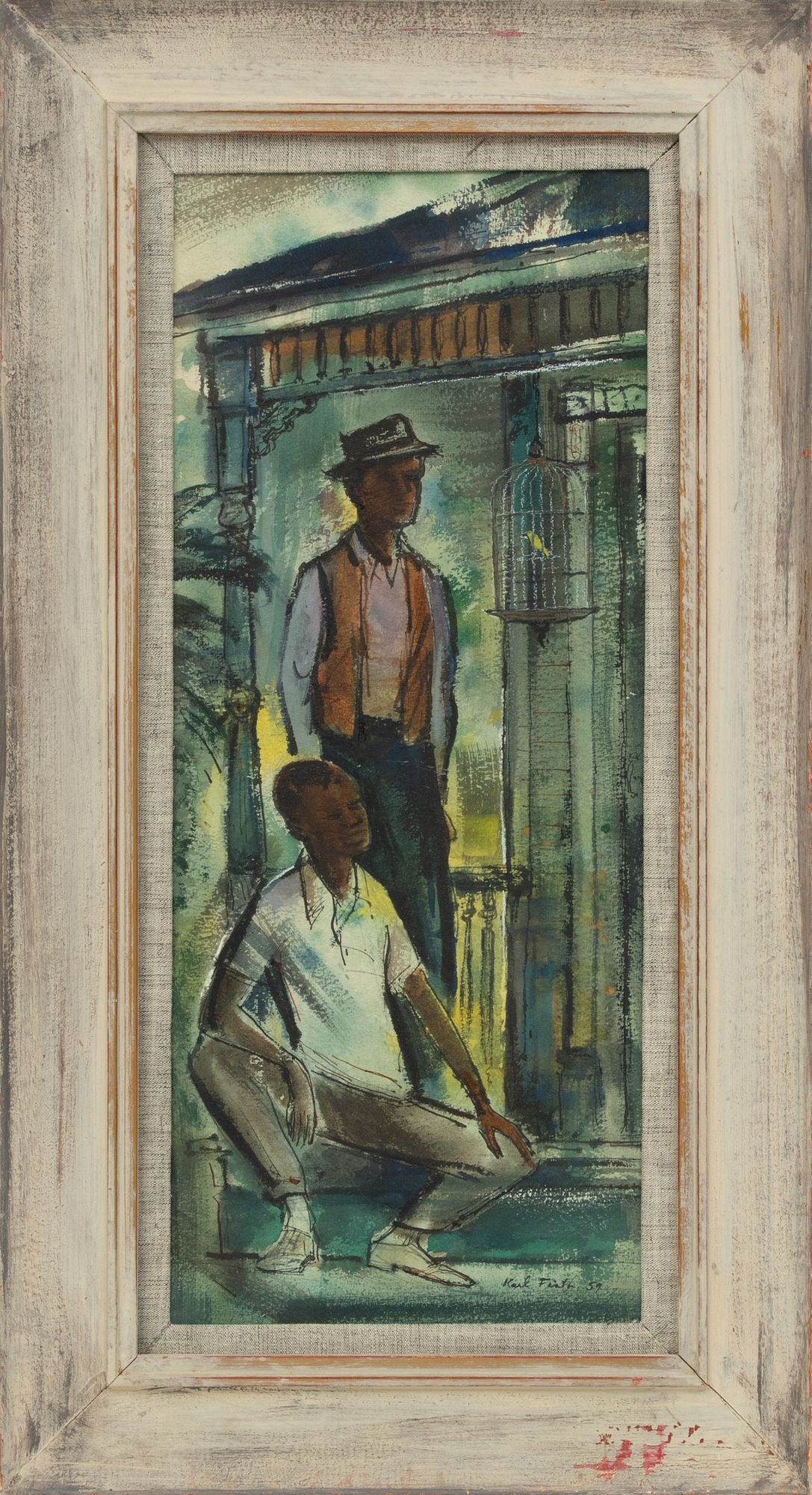 Karl Firth | Depicting two men on a porch with a bird in a cage | MutualArt