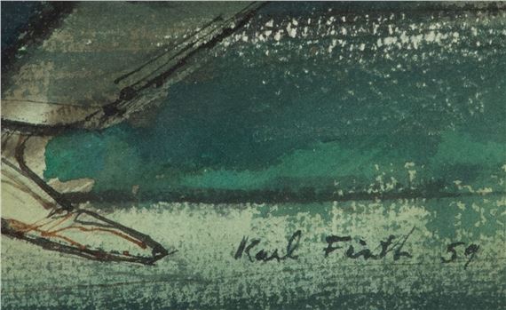 Karl Firth | Depicting two men on a porch with a bird in a cage | MutualArt