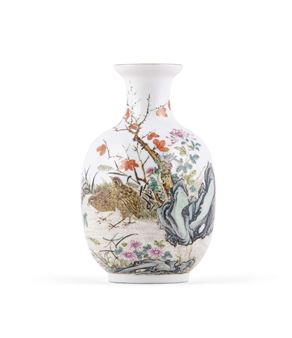 A FAMILLE ROSE SEMI-EGGSHELL 'QUAILS IN THE GARDEN' VASE - LE Shan Tang